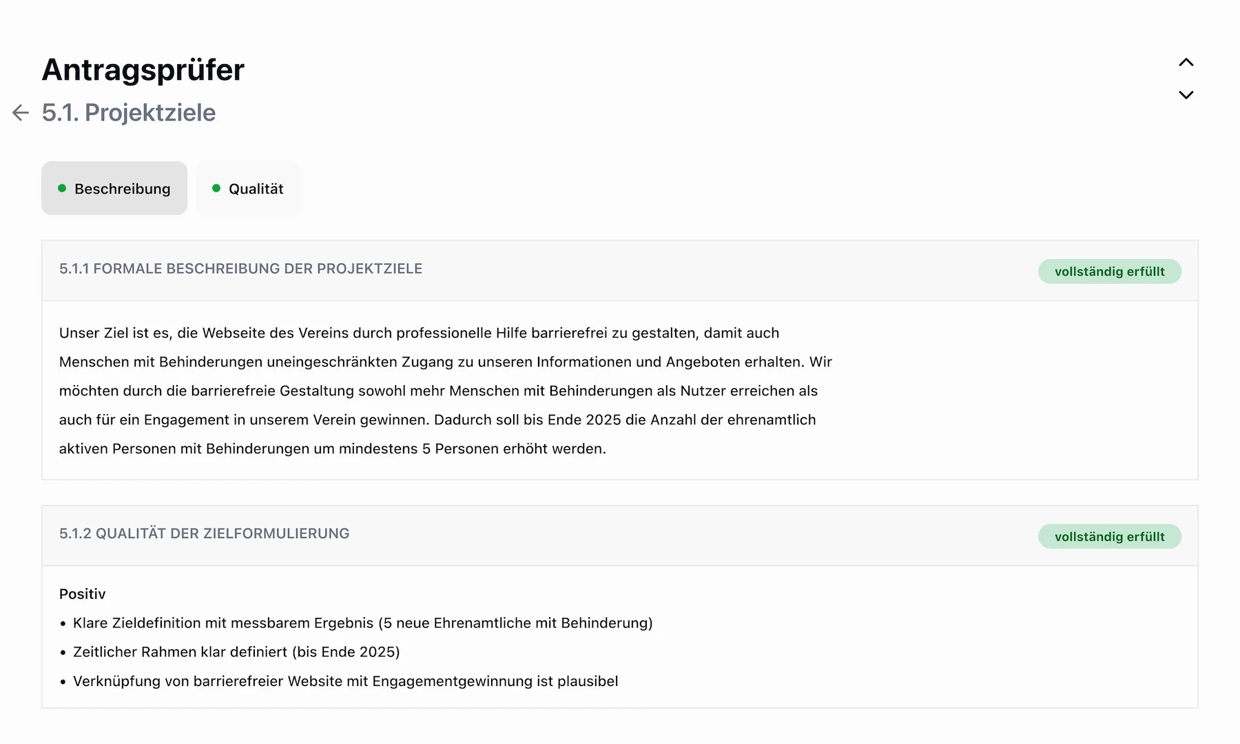 Detailansicht der Projektziele-Prüfung