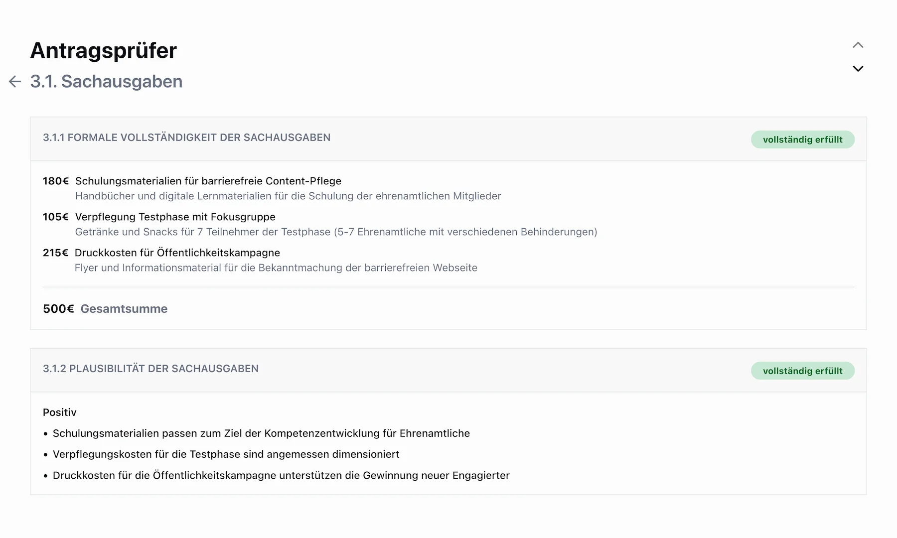 Detailansicht der Sachausgaben-Prüfung